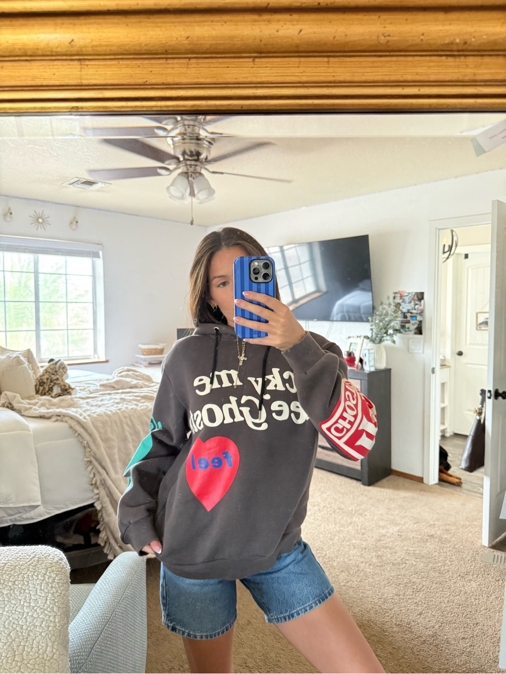 Graphic Crewneck Hoodie with Red Heart and Teal Sleeve Accents